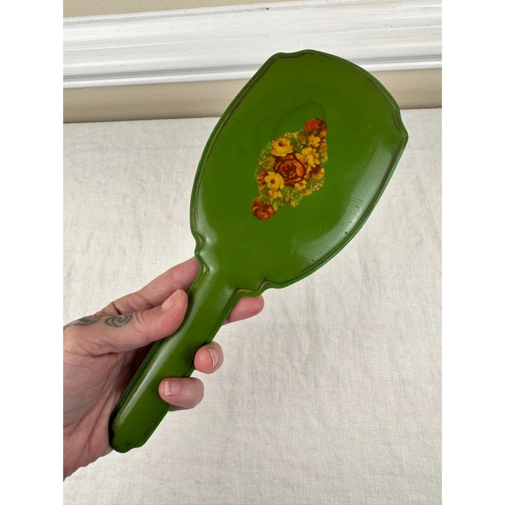 Vintage Green Floral Hand Mirror Mid Century Celluloid Cottagecore Vanity Decor